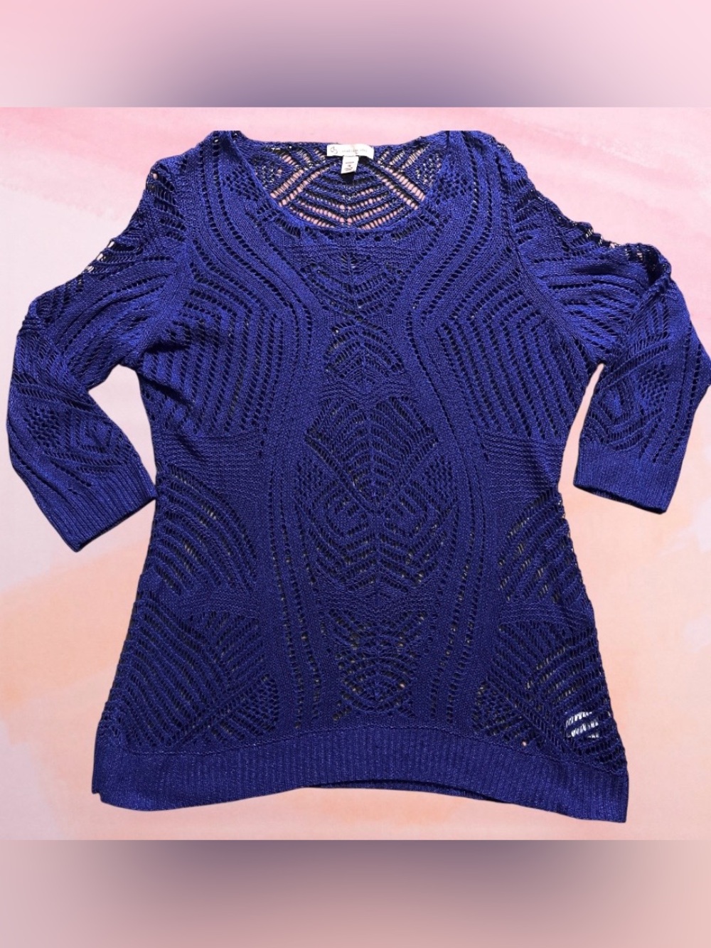 Cableknit Crewneck Pullover Sweater
 Navy Blue Open-Knit Sweater Coverup Size 1X
